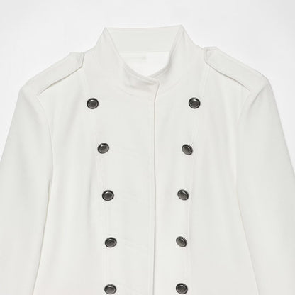 Women Short Military-Inspired Double-Breasted Jacket with Stand Collar and Flap Pockets EVA-US