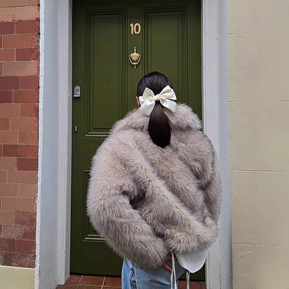 Women Short Boxy Jacket made of high-pile faux fur with high shawl collar EVA-US