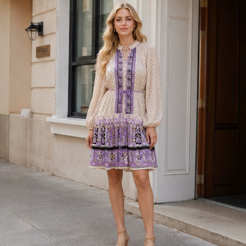 Women's chiffon mini dress with ties, balloon sleeves, and embroidered trim EVA-US