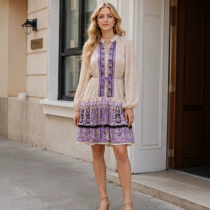 Women's chiffon mini dress with ties, balloon sleeves, and embroidered trim EVA-US
