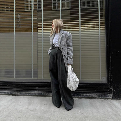 Women Oversize Wool Blend Blazer in Boucle Look with Boxy Silhouette EVA-US