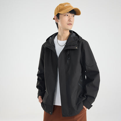 Men's lightweight breathable two-layer rain softshell jacket with adjustable hood and chest pocket EVA-US