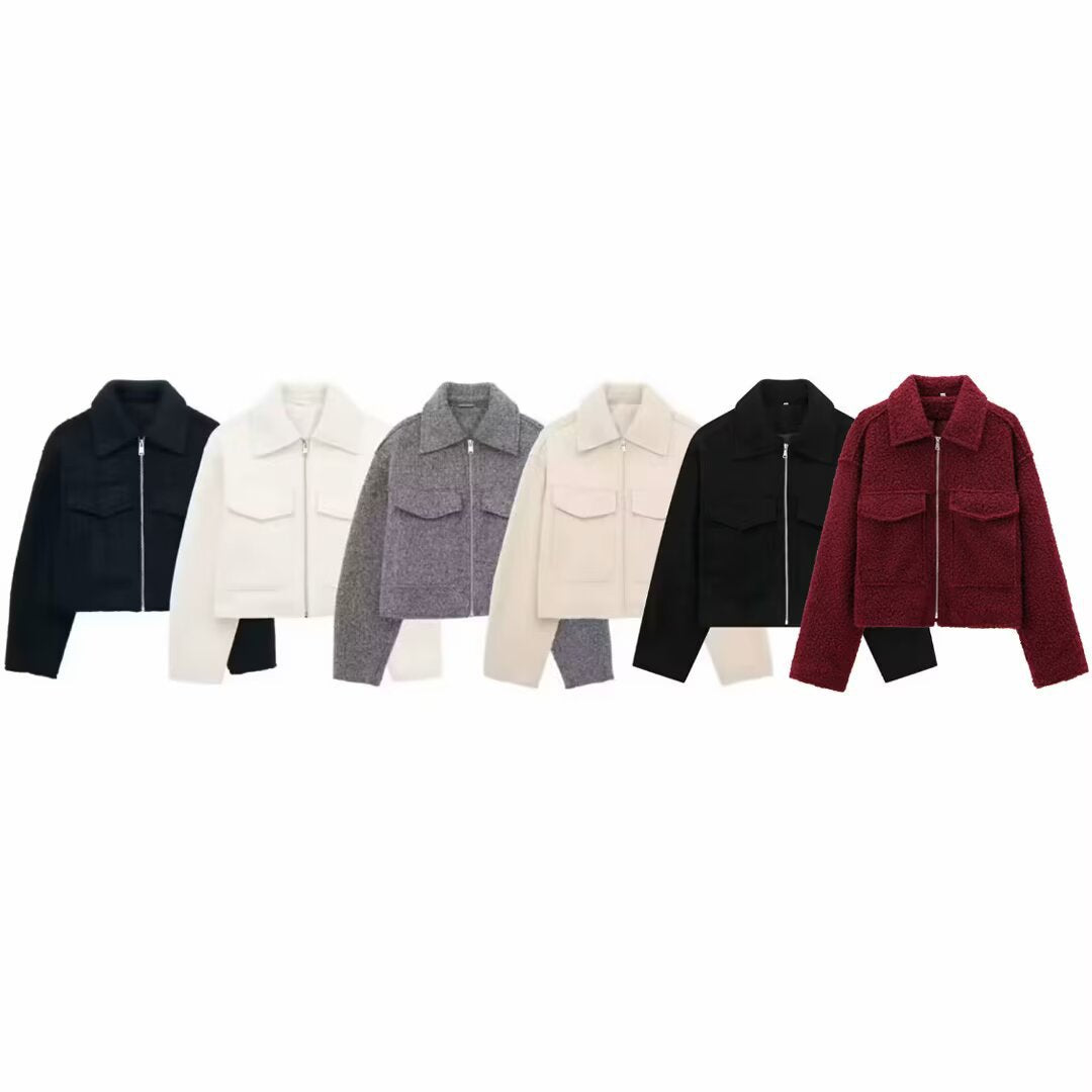 Women's Short Cut Sherpa Jacket with Zip and Flap Pockets EVA-US