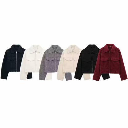 Women's Short Cut Sherpa Jacket with Zip and Flap Pockets EVA-US