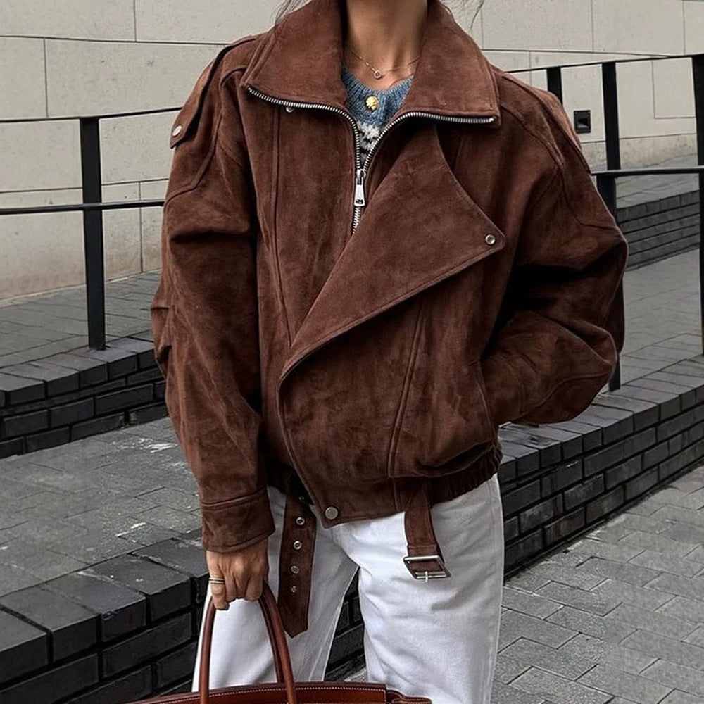 Women Short Velour Leather Bomber Jacket with High Stand-Up Collar and Waist Belt EVA-US