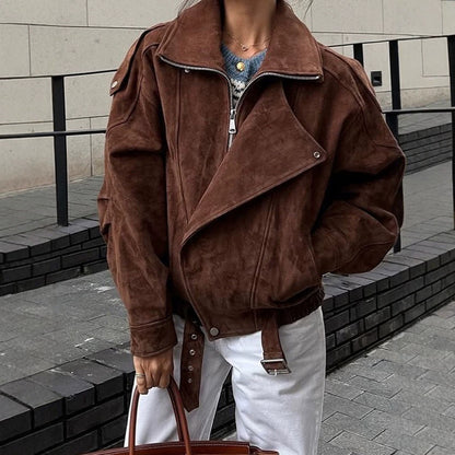 Women Short Velour Leather Bomber Jacket with High Stand-Up Collar and Waist Belt EVA-US