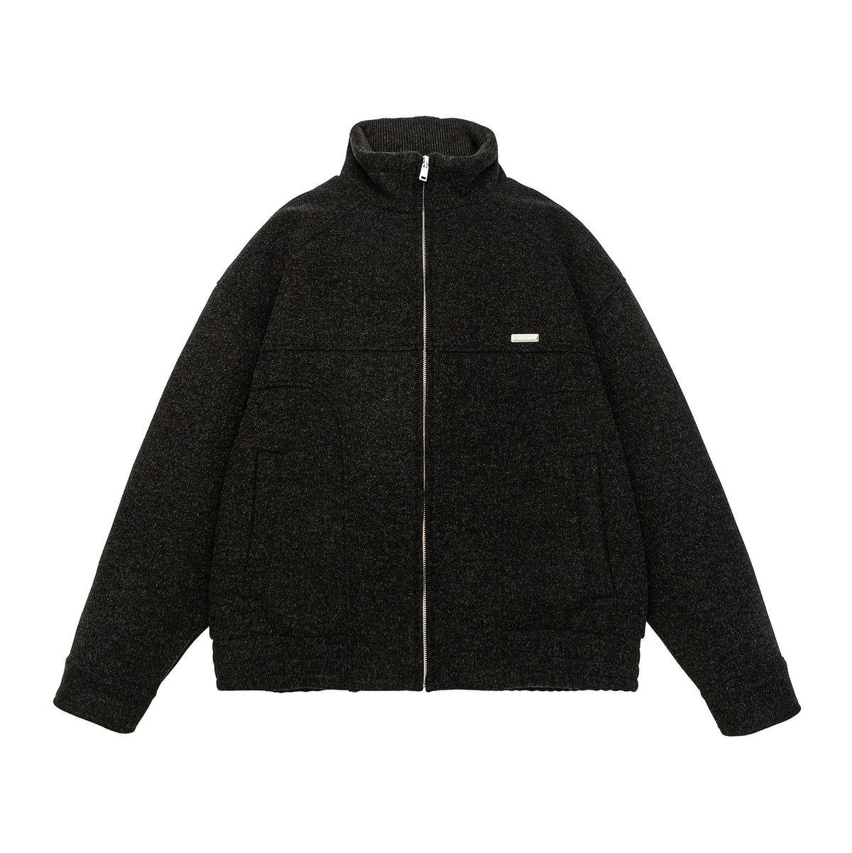 Men's short-cut boxy wool fleece jacket with high stand-up collar and full-length zipper EVA-US