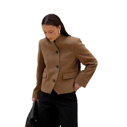 Women's short blazer made of wool blend with stand-up collar, boxy silhouette & three buttons EVA-US