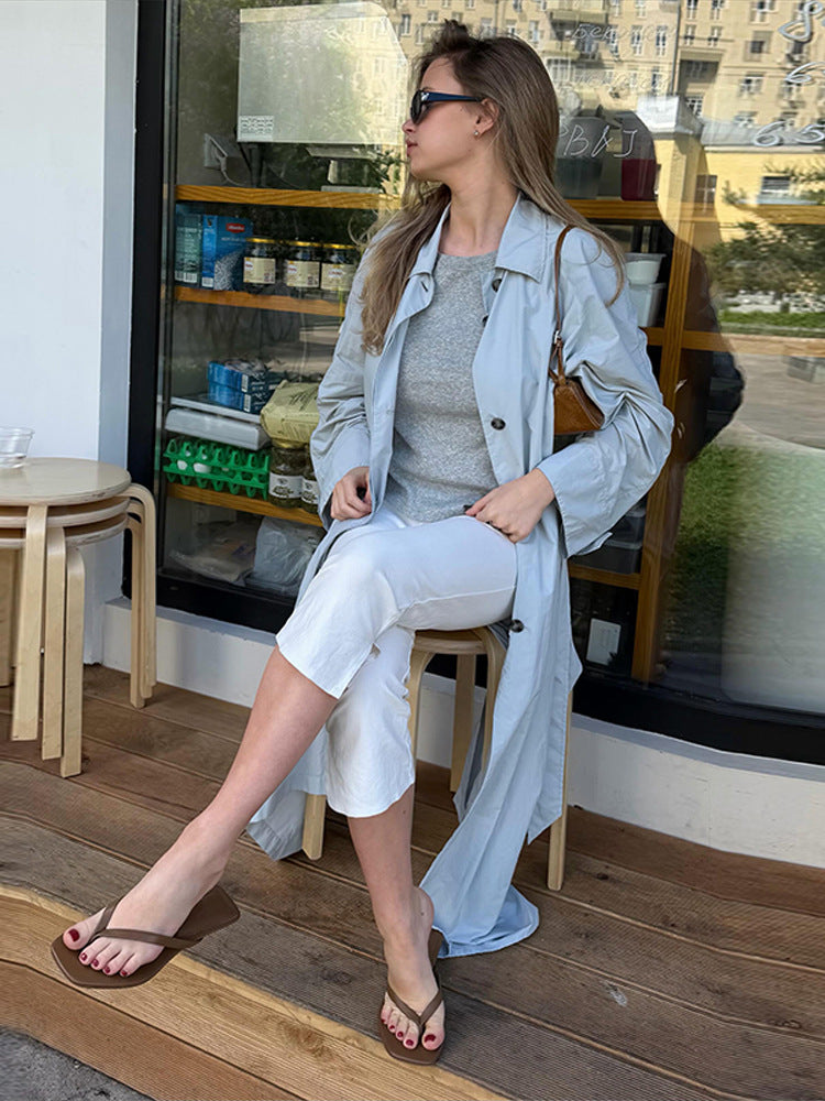 Women's Lightweight Long Trench Coat Made from Technical Material with Concealed Button Placket and Loose Fit EVA-US