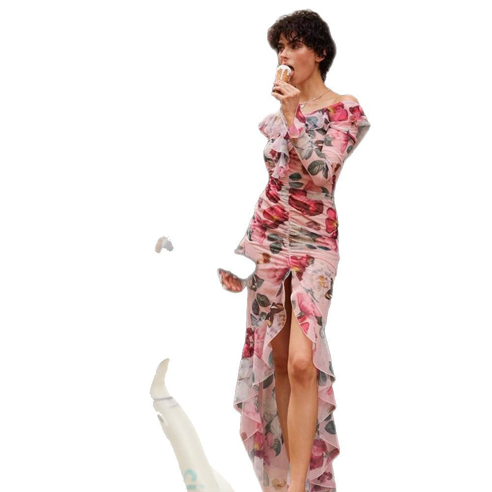 Women’s Floral Chiffon Maxi Dress with Asymmetrical Ruffle Shoulder, Ruched Bodice & High Front Slit EVA-US