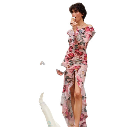 Women’s Floral Chiffon Maxi Dress with Asymmetrical Ruffle Shoulder, Ruched Bodice & High Front Slit EVA-US