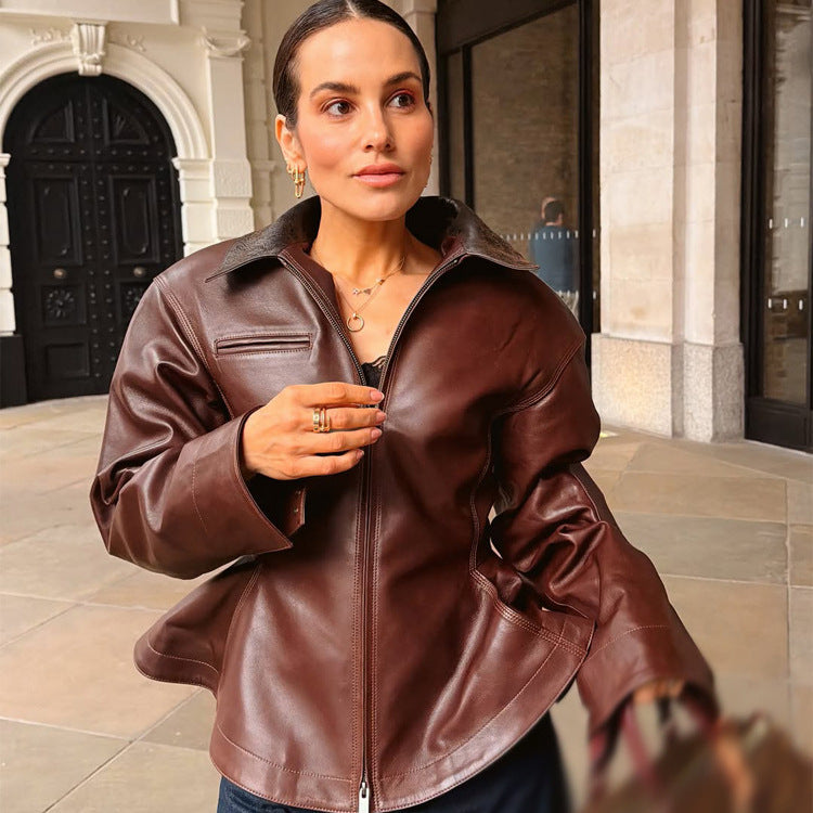 Women’s leather jacket with tailored peplum, zipper & large shirt collar EVA-US