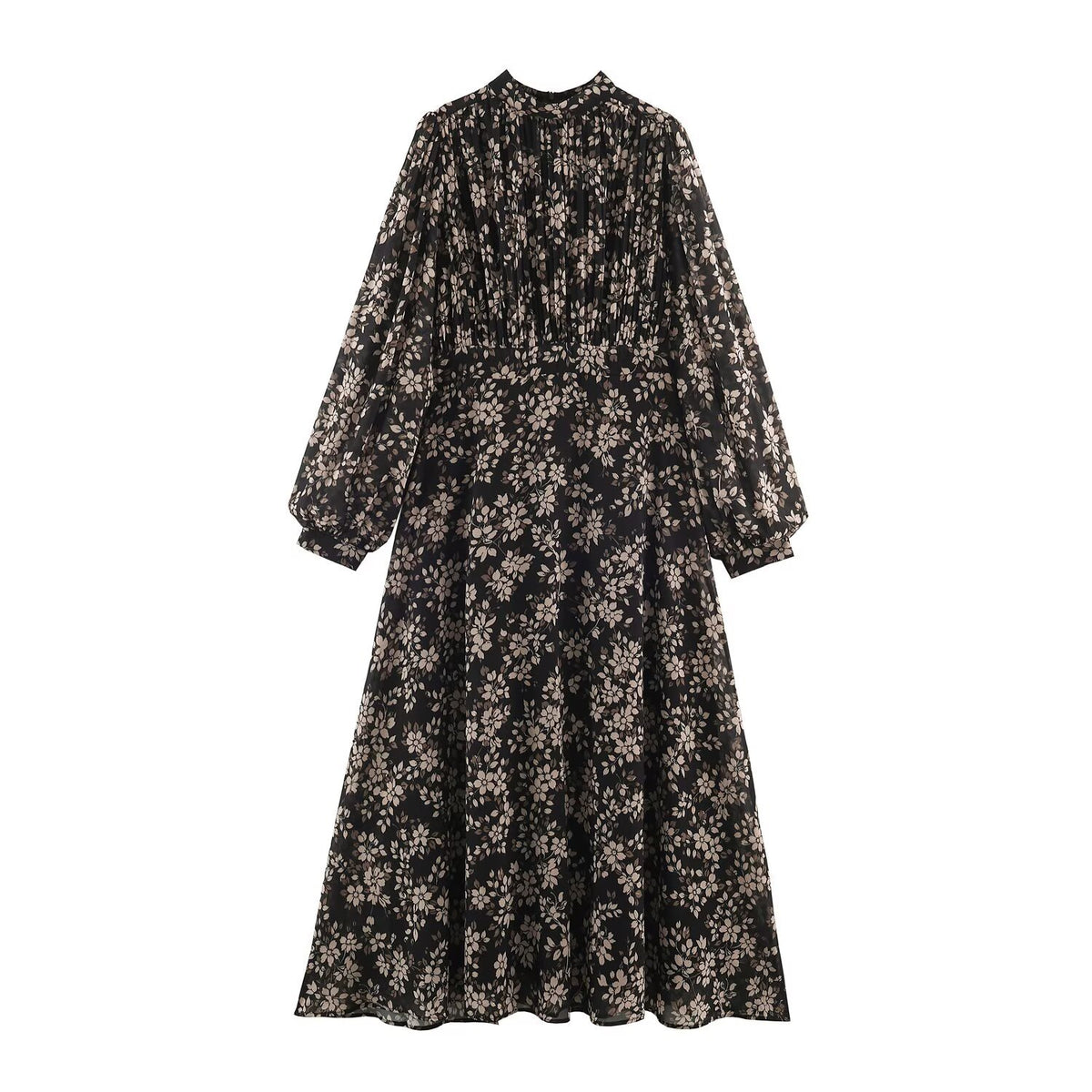 Women Floral Midi Dress with Pleated Top, Stand Collar and Balloon Sleeves EVA-US