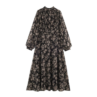 Women Floral Midi Dress with Pleated Top, Stand Collar and Balloon Sleeves EVA-US