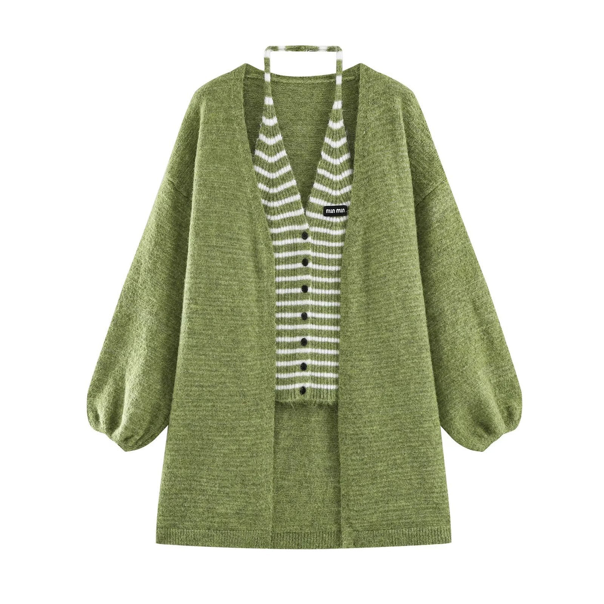 Women's Oversized Knit Cardigan with Balloon Sleeves and Striped Trim Button Placket EVA-US