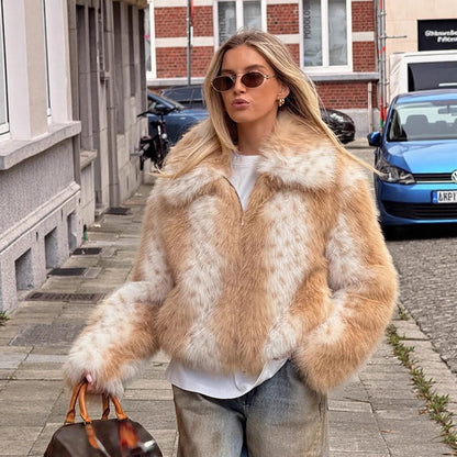 Women's Boxy Faux Fur Jacket with Two-Tone Shag Look and Notched Collar EVA-US