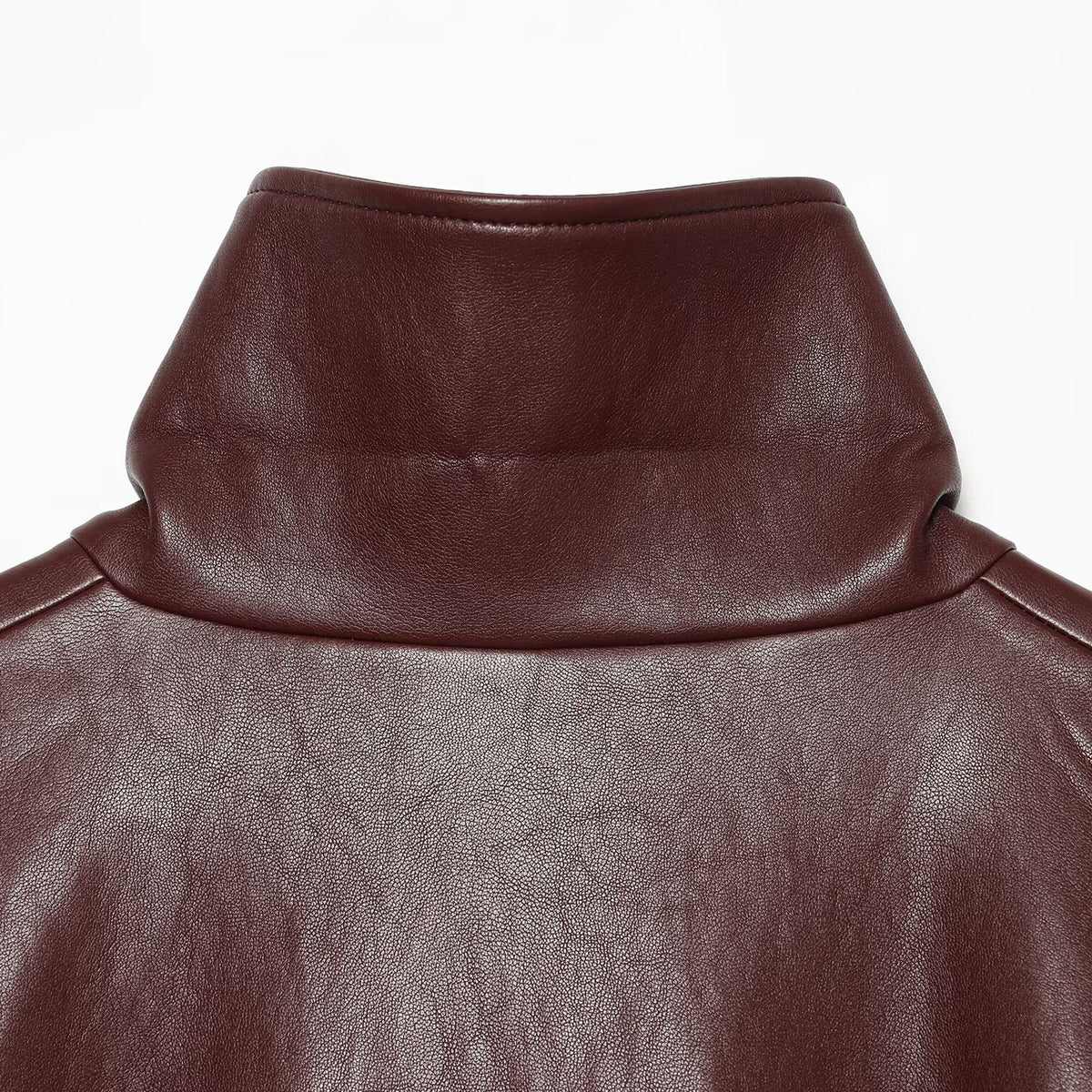 Women Cropped Faux Leather Jacket with High Collar, Oversized Sleeves and Tailored Waist EVA-US