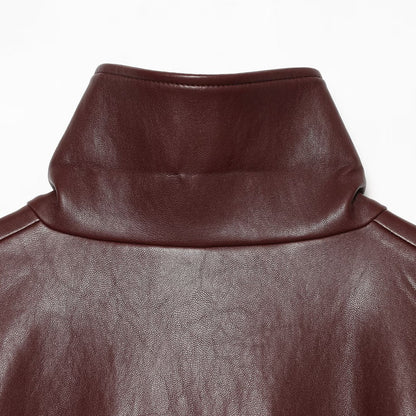 Women Cropped Faux Leather Jacket with High Collar, Oversized Sleeves and Tailored Waist EVA-US