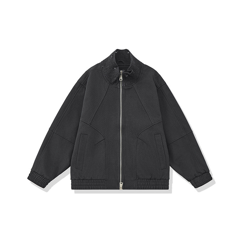 Unisex Boxy Knit Mix Transition Jacket with High Ribbed Collar and Elastic Hem EVA-US