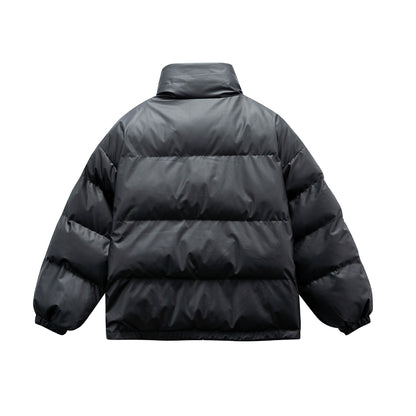 Unisex Boxy padded oversized puffer jacket with stand-up collar and statement patch details EVA-US