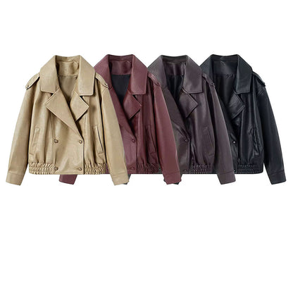 Women's Faux Leather Bomber Jacket with Large Faux Fur Collar EVA-US