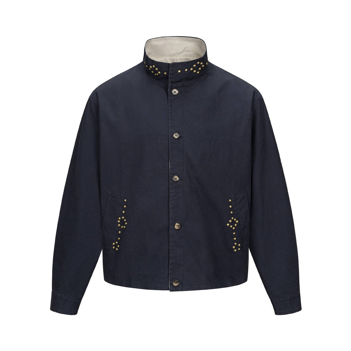 Unisex Short Blouson Jacket with High-Collar Studded Neck and Utility Pockets EVA-US