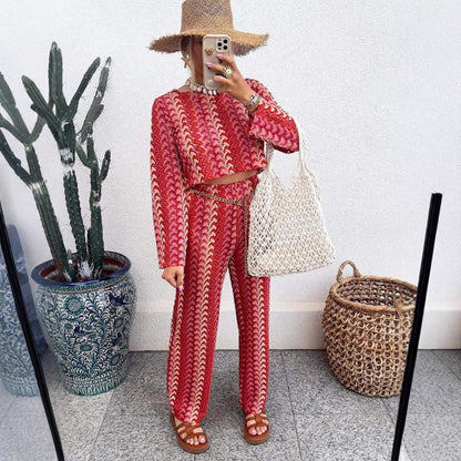 Women Crocheted Two-Piece Lounge Set with Short Sweater and High-Waisted Palazzo Pants EVA-US