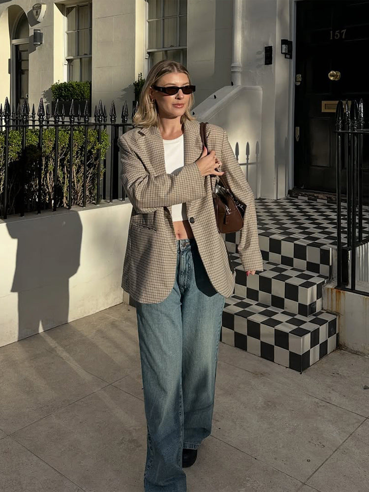 Women Oversize Glencheck Blazer with Boxy Silhouette and Patch Pockets EVA-US