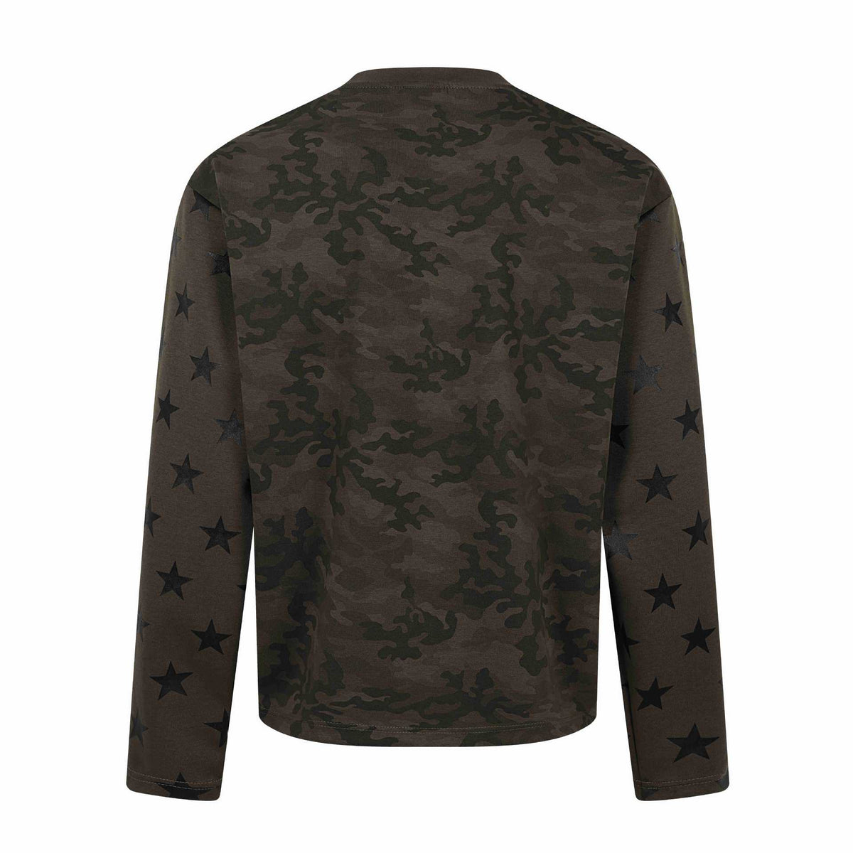 Unisex Oversize Sweatshirt with Camouflage Print, Star Sleeve Application and Large Metallic Print EVA-US