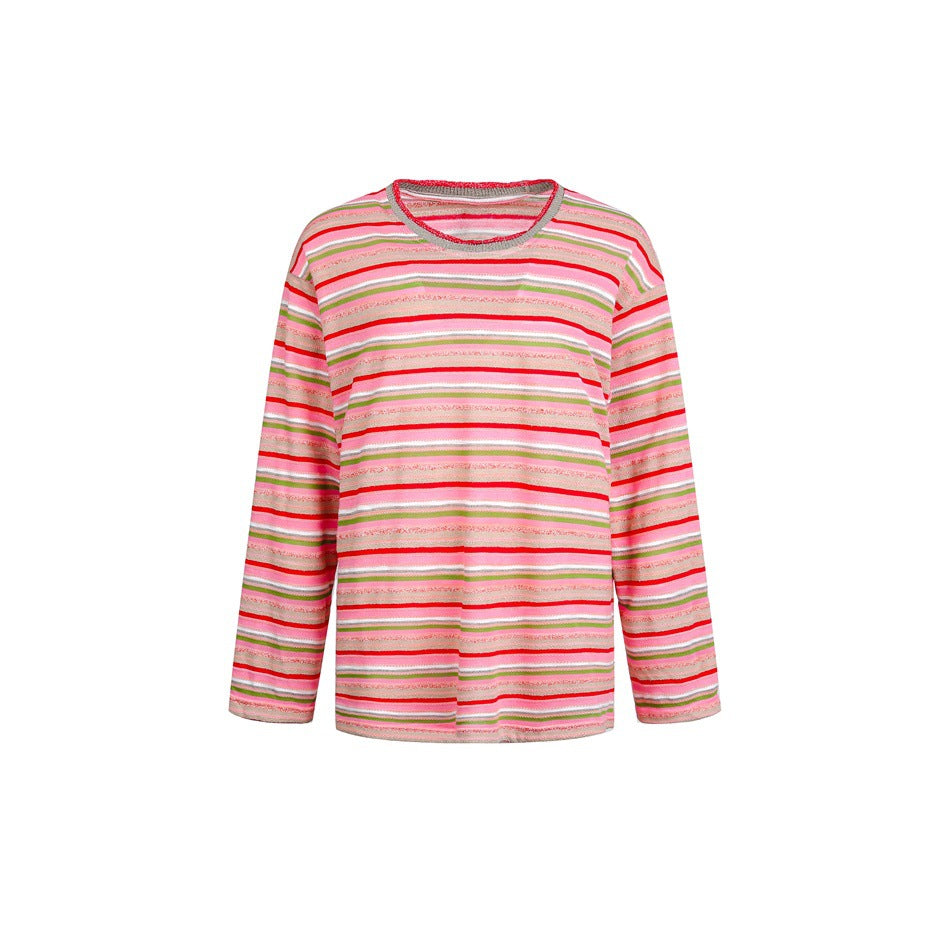 Women's Striped Fine Knit Long Sleeve Shirt in Relaxed Fit with Round Neck EVA-US