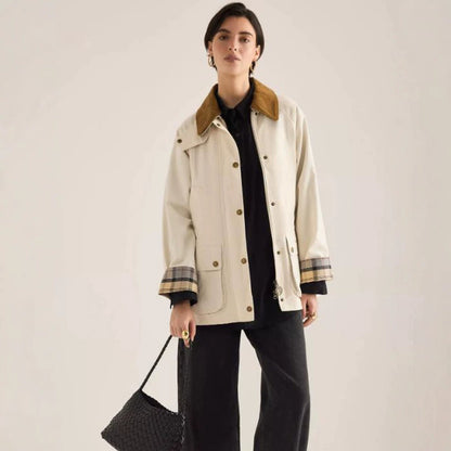 Women's transitional jacket with corduroy collar, checkered inner cuffs, and patch pockets EVA-US