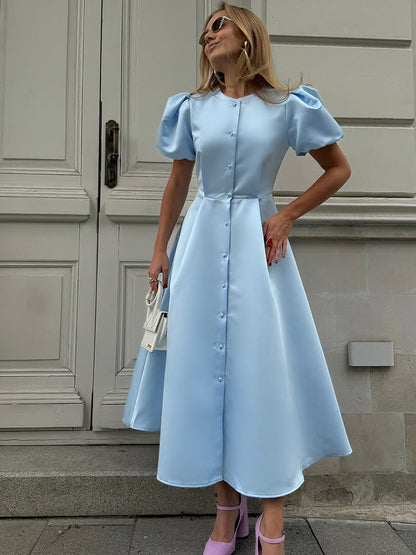 Ladies' midi dress made of satin with voluminous puff sleeves, fitted A-line and continuous button placket EVA-US