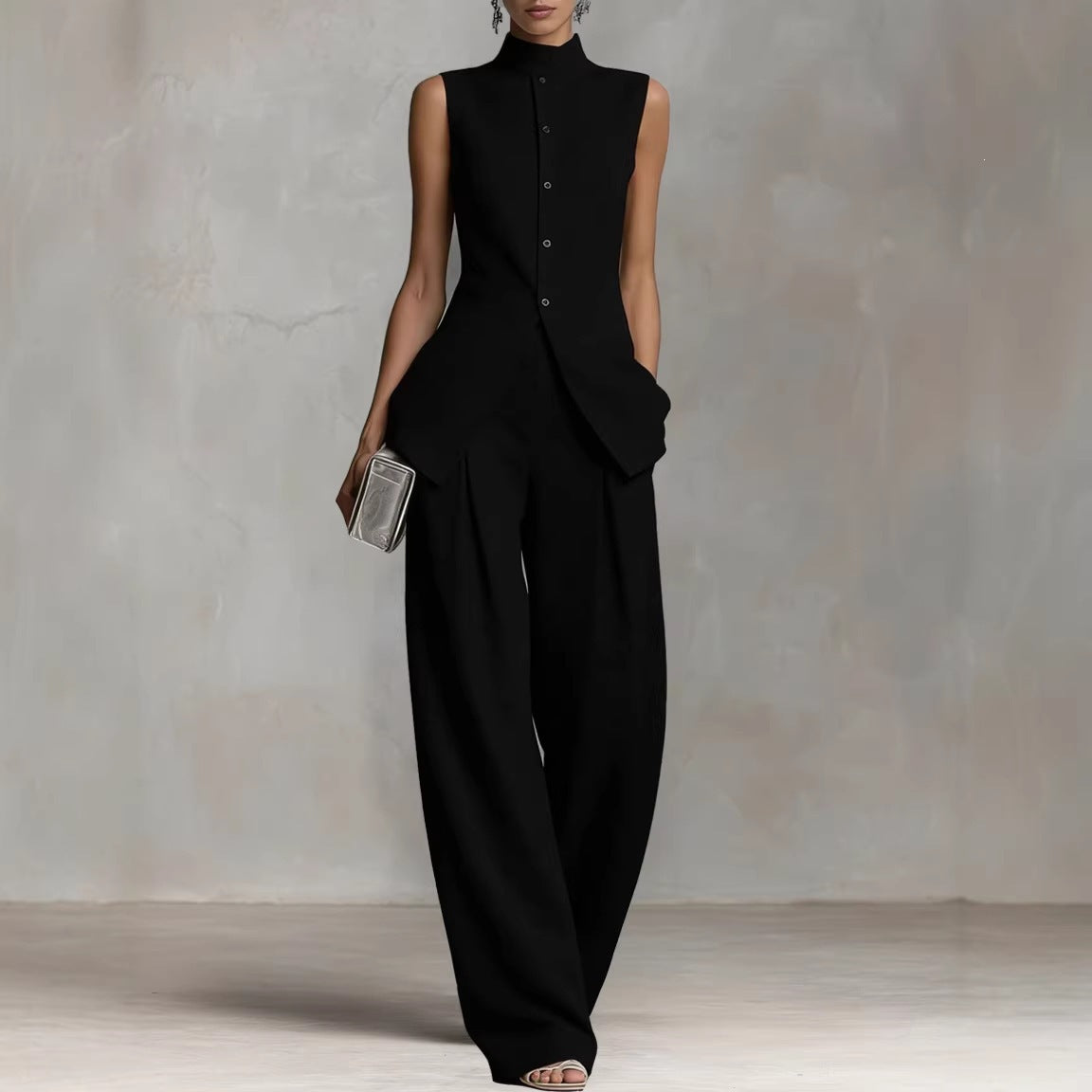 Women's Suit with Stand Collar and Wide Legs – Sleeveless Top & Marlene Pants