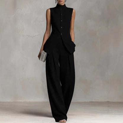Women's Suit with Stand Collar and Wide Legs – Sleeveless Top & Marlene Pants