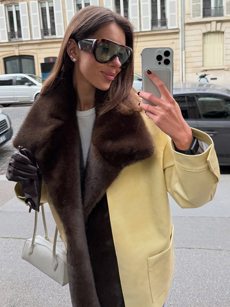 Women Elegant Oversize Coat made of Suede Look with Voluminous Faux Fur Shawl Collar EVA-US