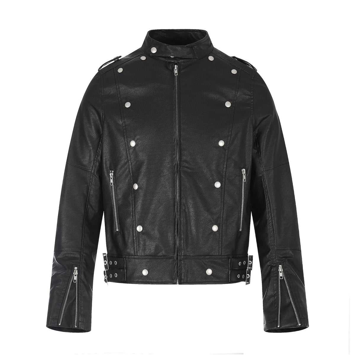 Men's biker leather jacket in military style with studs, stand-up collar and waist belt EVA-US