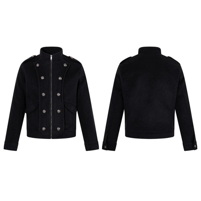 Men's short military-inspired wool jacket with stand-up collar & double-breasted decorative buttons EVA-US