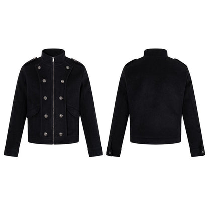 Men's short military-inspired wool jacket with stand-up collar & double-breasted decorative buttons EVA-US