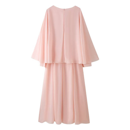 Women's Two-Piece Chiffon Evening Set with Cape Top and Wide Maxi Skirt EVA-US