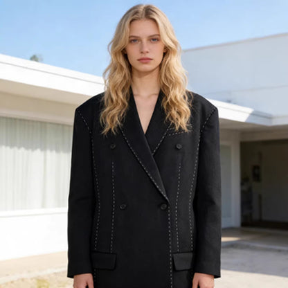 Women's Double-Breasted Oversized Blazer Coat with Distinctive Shoulder Area & Decorative Stitching EVA-US