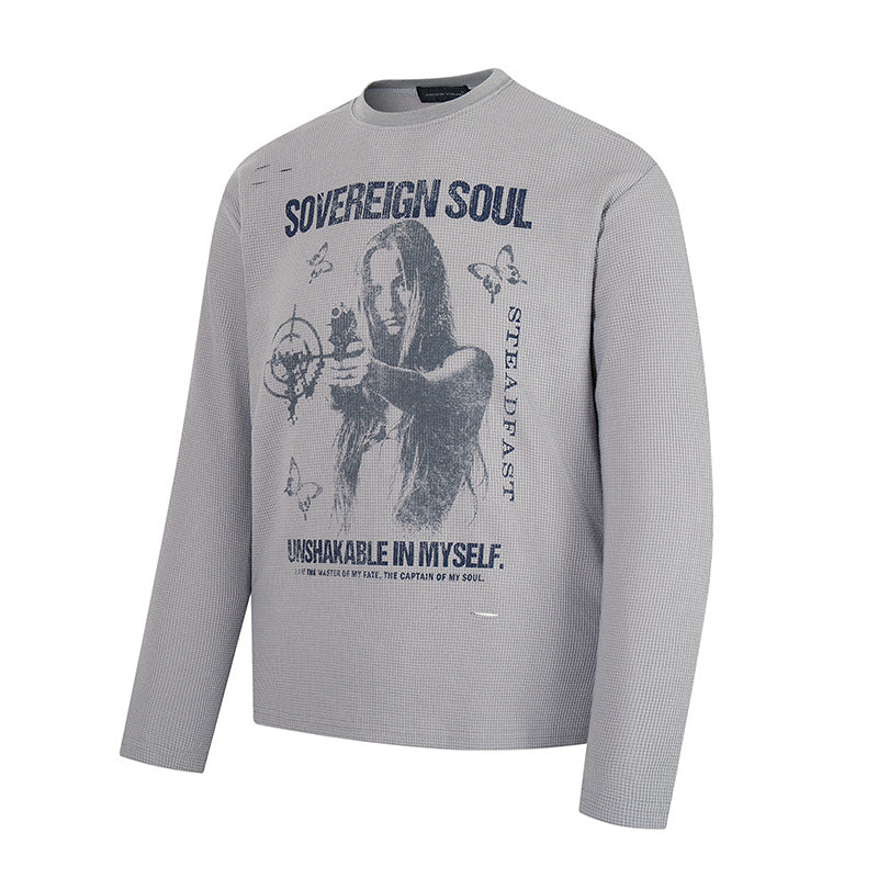 Men's long sleeve shirt in waffle knit with vintage graphic and relaxed fit EVA-US