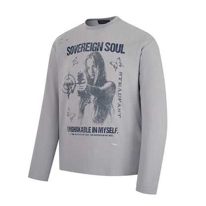 Men's long sleeve shirt in waffle knit with vintage graphic and relaxed fit EVA-US
