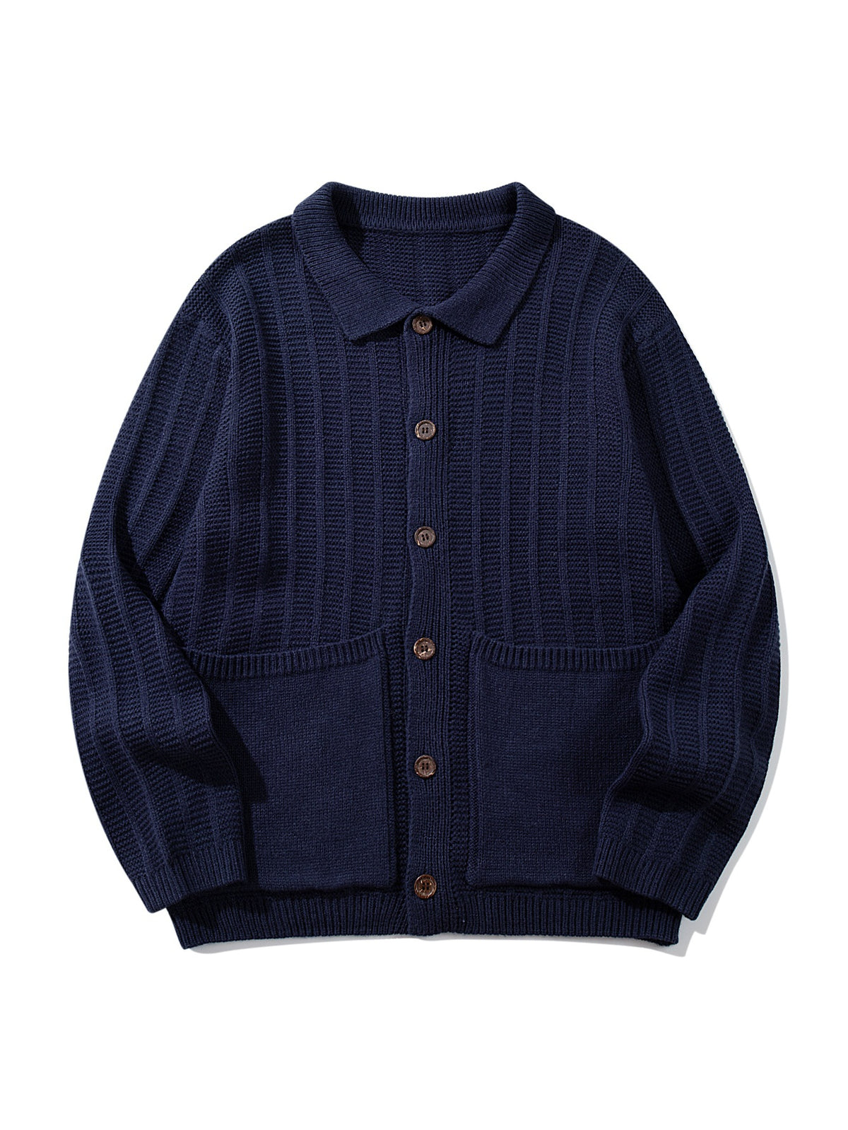 Unisex Structured Knit Cardigan with Shirt Collar and Patch Pockets EVA-US