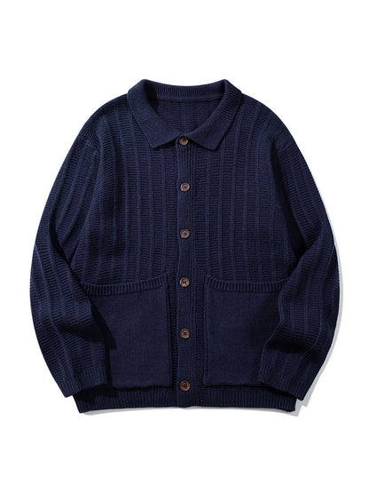 Unisex Structured Knit Cardigan with Shirt Collar and Patch Pockets EVA-US