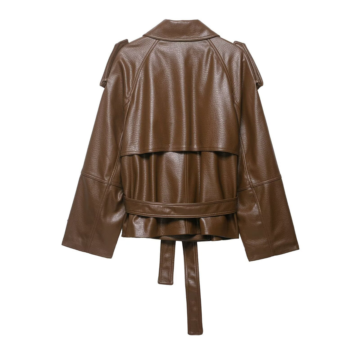 Women's Short Trench Cape made of Faux Leather with Ties and Shoulder Patches EVA-US