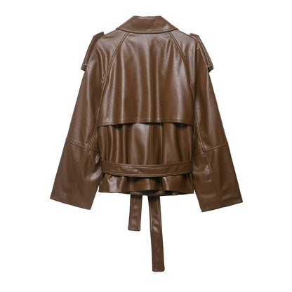 Women's Short Trench Cape made of Faux Leather with Ties and Shoulder Patches EVA-US