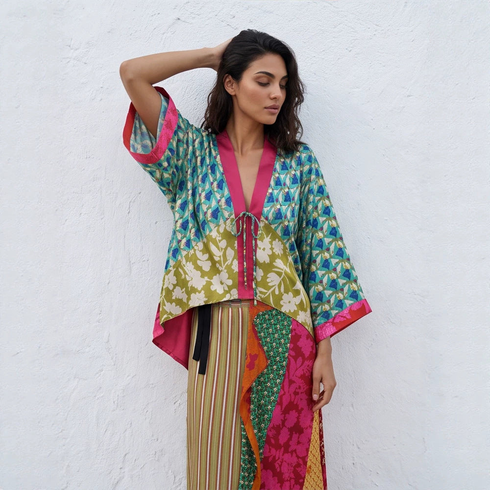 Women's Patchwork Kimono Top made of silk blend with deep V-neck and tie belt EVA-US
