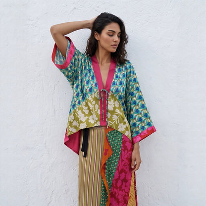 Women's Patchwork Kimono Top made of silk blend with deep V-neck and tie belt EVA-US