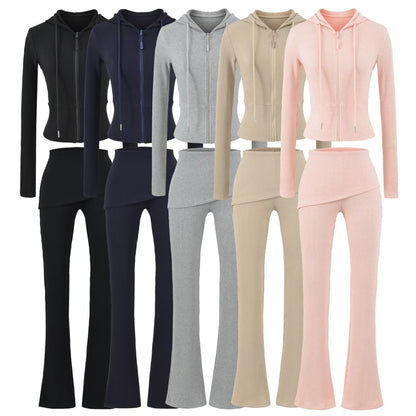 Women's Ribbed Lounge Set with Hooded Jacket and Wrap Waist Pants EVA-US