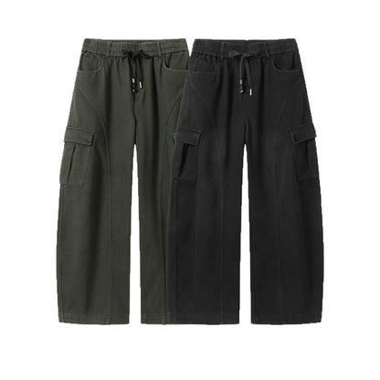 Men's Wide Cargo Pants with Drawstring Waist and Multiple Flap Pockets EVA-US